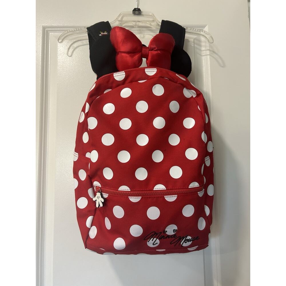 Disney Minnie Mouse Red Polka Dot Backpack Ears Bow Front Pocket